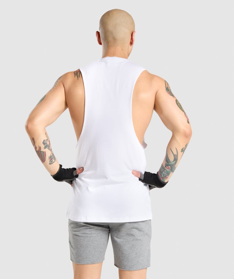 Men's Gymshark Critical Drop Arm Tanks White | CA 510A73